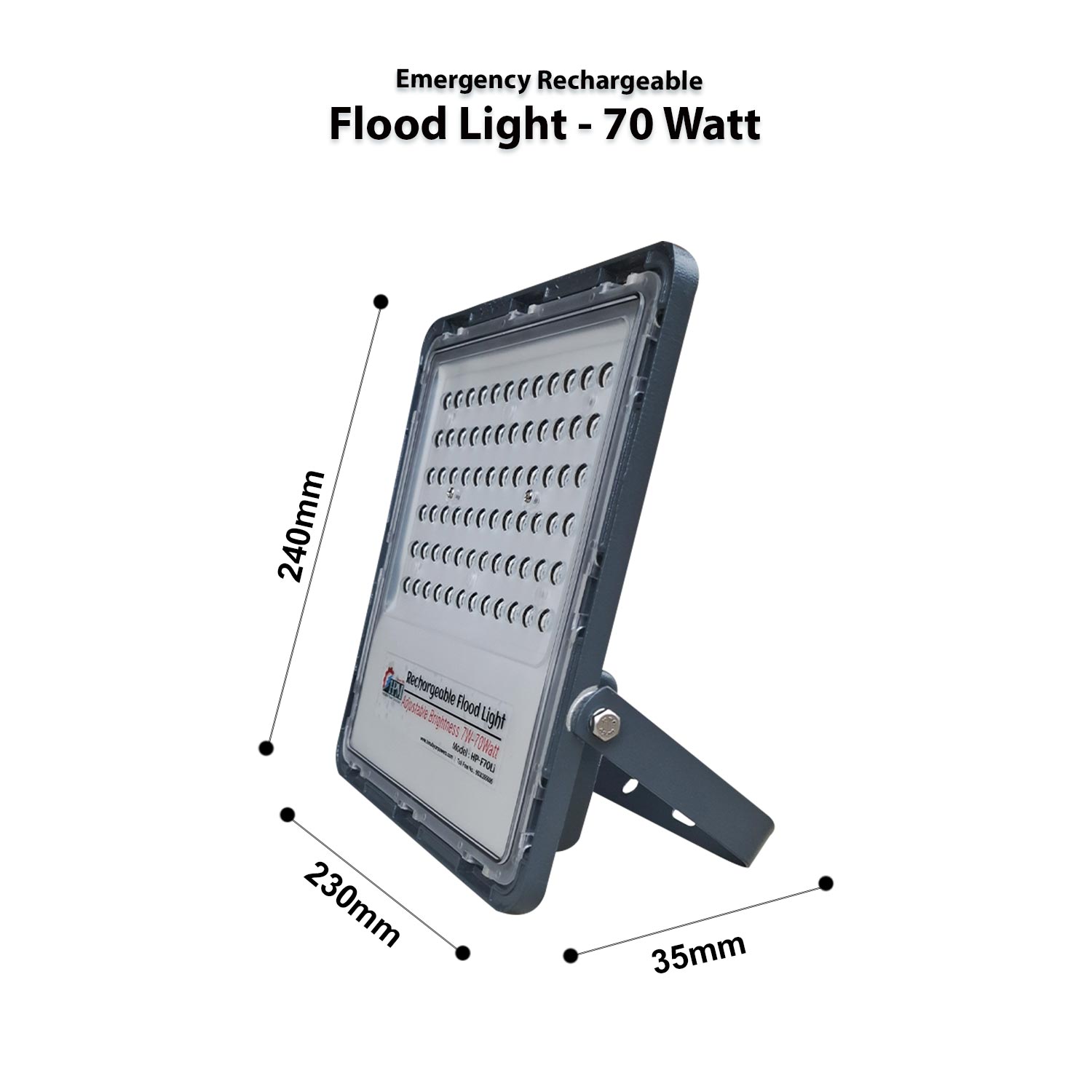 70 Watt Rechargeable Solar LED Flood Light with 5000 mah Battery - Lithium, HP-F70Li Plus 1 Pcs Charger Adapter
