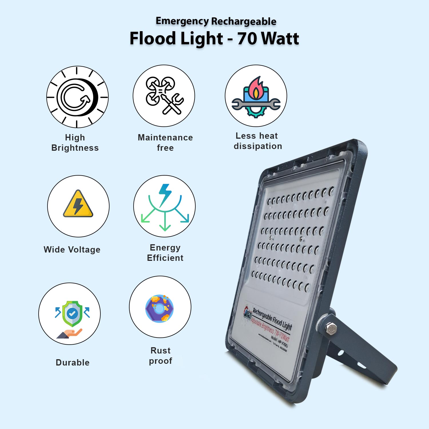 70 Watt Rechargeable Solar LED Flood Light with 5000 mah Battery - Lithium, HP-F70Li Plus 1 Pcs Charger Adapter