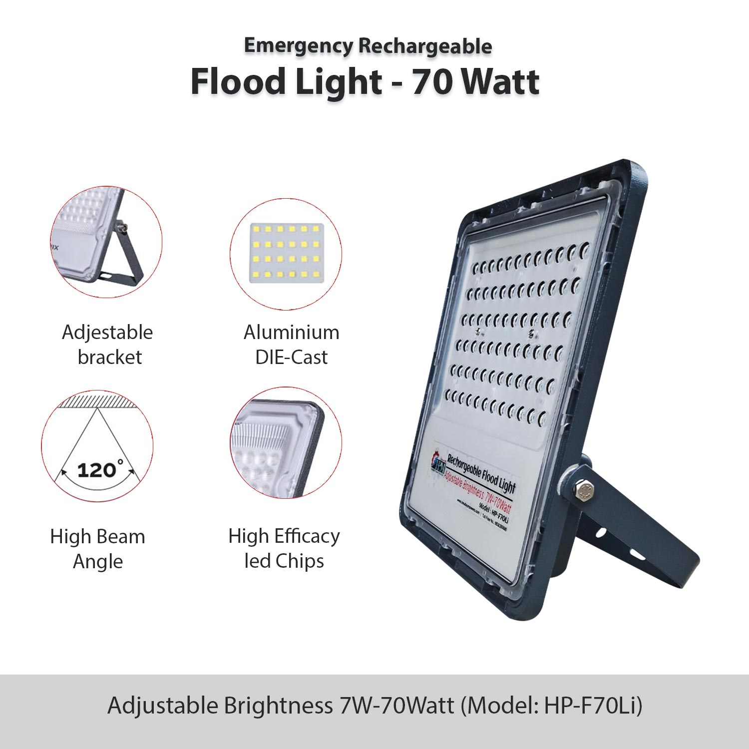 70 Watt Rechargeable Solar LED Flood Light with 5000 mah Battery - Lithium, HP-F70Li Plus 1 Pcs Charger Adapter