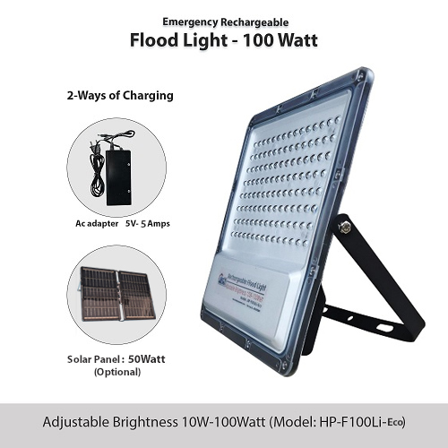 100 Watt Rechargeable Solar LED Flood Light with 2500 mah Battery - Lithium, HP-F100Li - ECO Plus 1 Pcs Charger Adapter