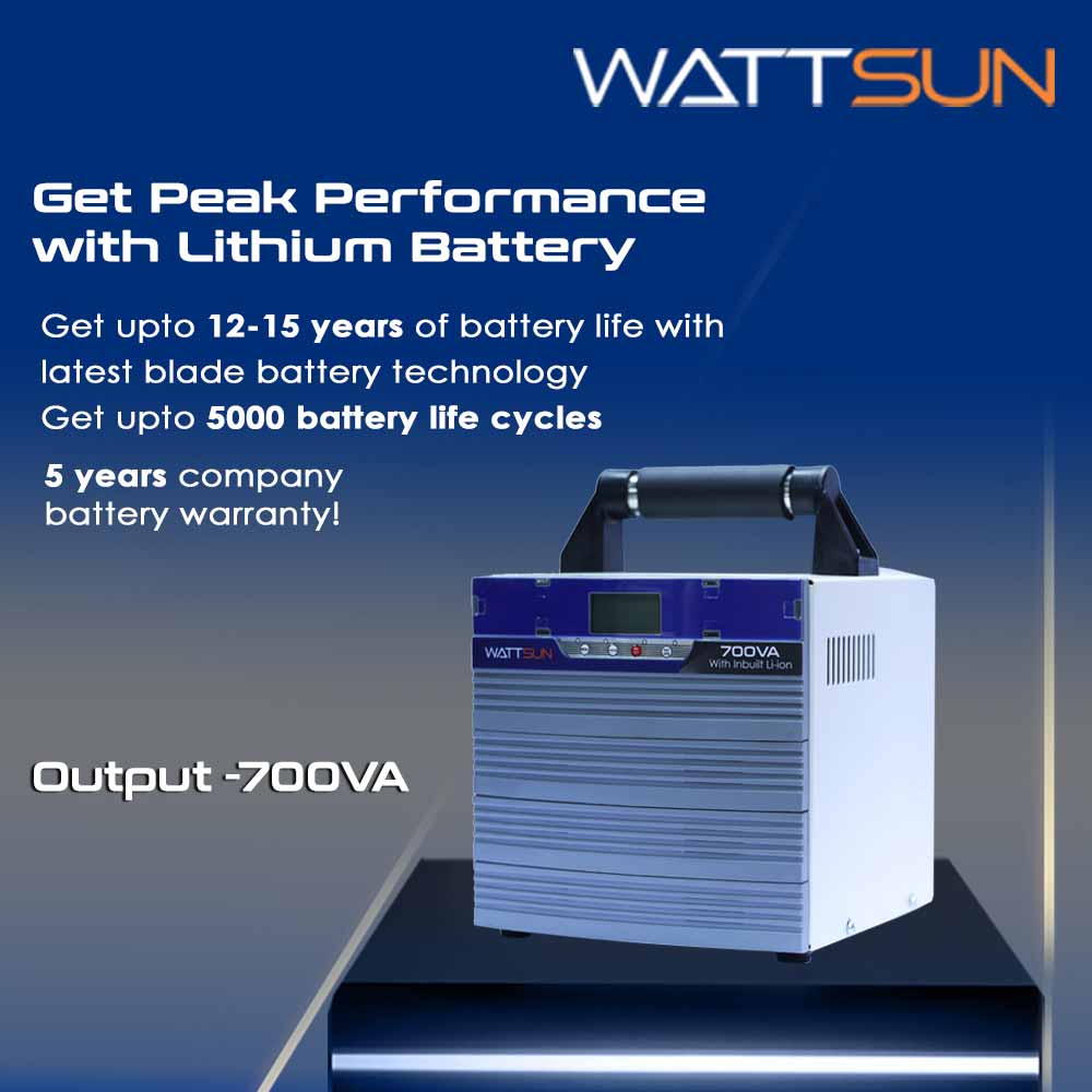 Wattsun Inverter 700VA with Upto 15 Year Life | Integrated 1024Wh Lithium-Ion Battery | Pure Sine Wave Inverter | IP32 Water Protection | LCD Display | Compact & Portable Design | 5 Years Warranty