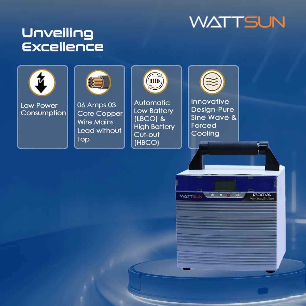 Wattsun Inverter 1200VA with Upto 15 Year Life | Integrated 1280Wh Lithium-Ion Battery | Pure Sine Wave Inverter | IP32 Water Protection | LCD Display | Compact & Portable Design | 5 Years Warranty
