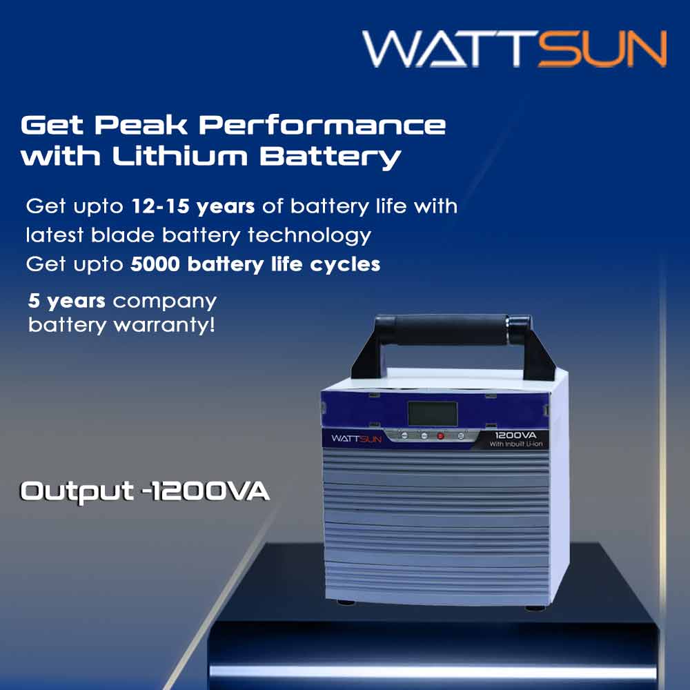 Wattsun Inverter 1200VA with Upto 15 Year Life | Integrated 1280Wh Lithium-Ion Battery | Pure Sine Wave Inverter | IP32 Water Protection | LCD Display | Compact & Portable Design | 5 Years Warranty