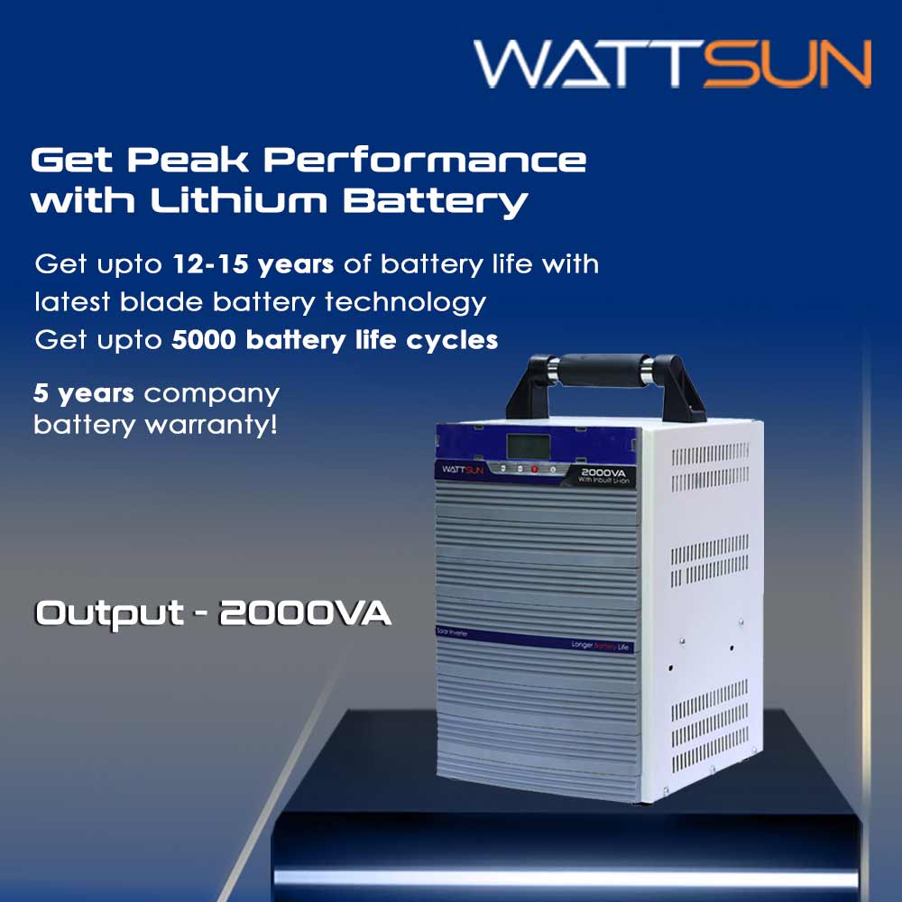 Wattsun Inverter 2KVA with Upto 15 Year Life | Integrated 2300Wh Lithium-Ion Battery | Pure Sine Wave Inverter | IP32 Water Protection | LCD Display | Compact & Portable Design | 5 Years Warranty