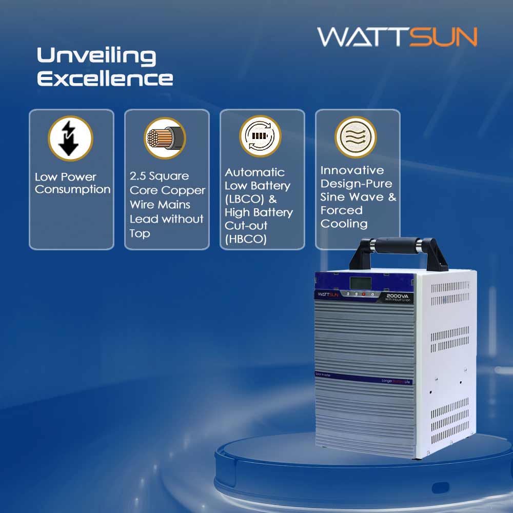 Wattsun Inverter 2KVA with Upto 15 Year Life | Integrated 2300Wh Lithium-Ion Battery | Pure Sine Wave Inverter | IP32 Water Protection | LCD Display | Compact & Portable Design | 5 Years Warranty