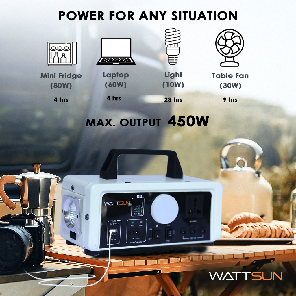 Wattsun 450 WATT Portable Power Station | Inbuilt 296 WH Li-Battery | 6 Output Ports | Weight 3 kg | IP 32 Water Protection | 3 years Warranty | Inbuilt 15W LED Light | For Outdoor Activities & Home