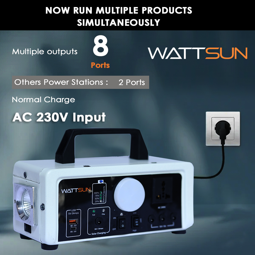 Wattsun 450 WATT Portable Power Station | Inbuilt 296 WH Li-Battery | 6 Output Ports | Weight 3 kg | IP 32 Water Protection | 3 years Warranty | Inbuilt 15W LED Light | For Outdoor Activities & Home