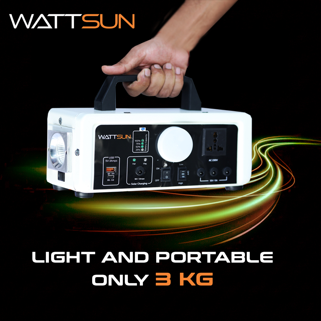 Wattsun 450 WATT Portable Power Station | Inbuilt 296 WH Li-Battery | 6 Output Ports | Weight 3 kg | IP 32 Water Protection | 3 years Warranty | Inbuilt 15W LED Light | For Outdoor Activities & Home
