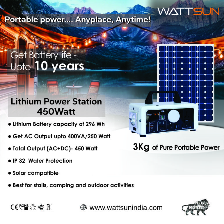 Wattsun 450 WATT Portable Power Station | Inbuilt 296 WH Li-Battery | 6 Output Ports | Weight 3 kg | IP 32 Water Protection | 3 years Warranty | Inbuilt 15W LED Light | For Outdoor Activities & Home