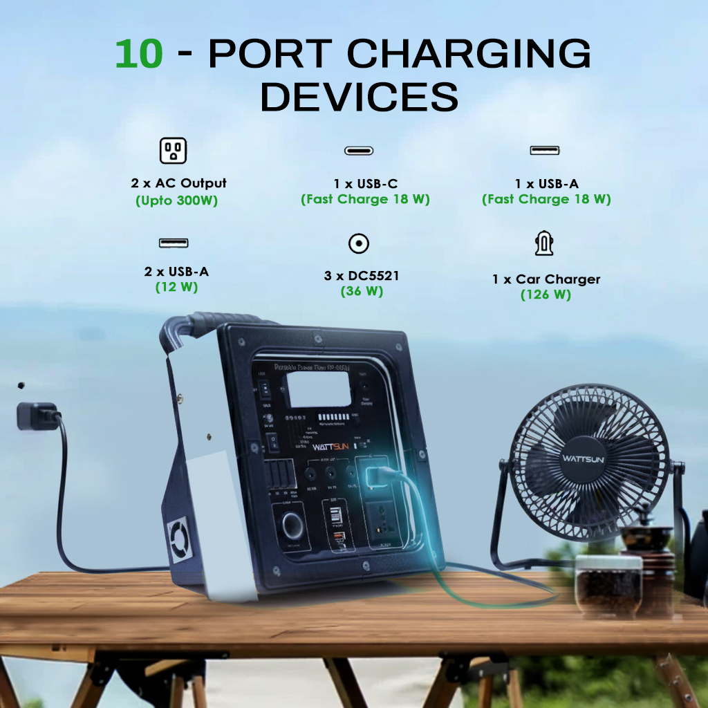 Wattsun 650 WATT Portable Power Station | Inbuilt 268.8 Wh Li-Battery | 10 Output Ports | Weight 5.4 kg | IP 32 Water Protection | 3 years Warranty | Inbuilt 15W Light | For Outdoor Activities & Home
