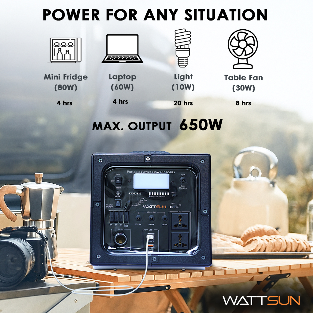 Wattsun 650 WATT Portable Power Station | Inbuilt 268.8 Wh Li-Battery | 10 Output Ports | Weight 5.4 kg | IP 32 Water Protection | 3 years Warranty | Inbuilt 15W Light | For Outdoor Activities & Home