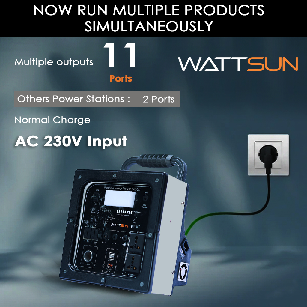 Wattsun 650 WATT Portable Power Station | Inbuilt 268.8 Wh Li-Battery | 10 Output Ports | Weight 5.4 kg | IP 32 Water Protection | 3 years Warranty | Inbuilt 15W Light | For Outdoor Activities & Home