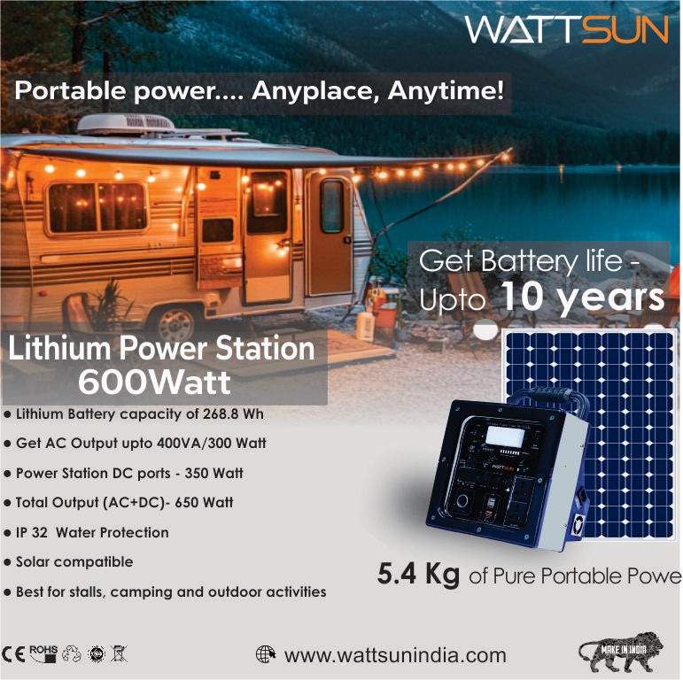 Wattsun 650 WATT Portable Power Station | Inbuilt 268.8 Wh Li-Battery | 10 Output Ports | Weight 5.4 kg | IP 32 Water Protection | 3 years Warranty | Inbuilt 15W Light | For Outdoor Activities & Home