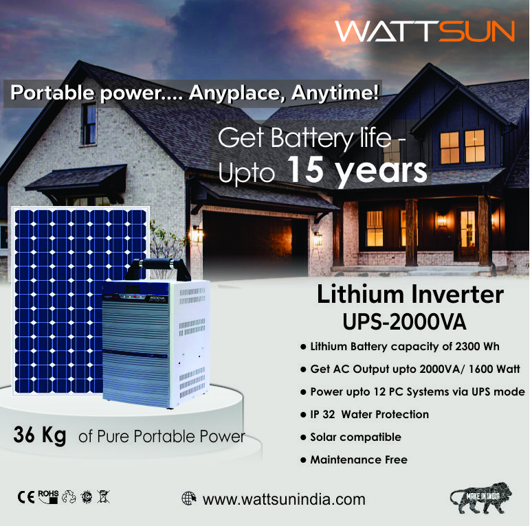 Wattsun Inverter 2KVA with Upto 15 Year Life | Integrated 2300Wh Lithium-Ion Battery | Pure Sine Wave Inverter | IP32 Water Protection | LCD Display | Compact & Portable Design | 5 Years Warranty