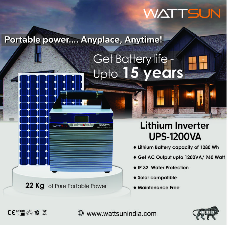 Wattsun Inverter 1200VA with Upto 15 Year Life | Integrated 1280Wh Lithium-Ion Battery | Pure Sine Wave Inverter | IP32 Water Protection | LCD Display | Compact & Portable Design | 5 Years Warranty