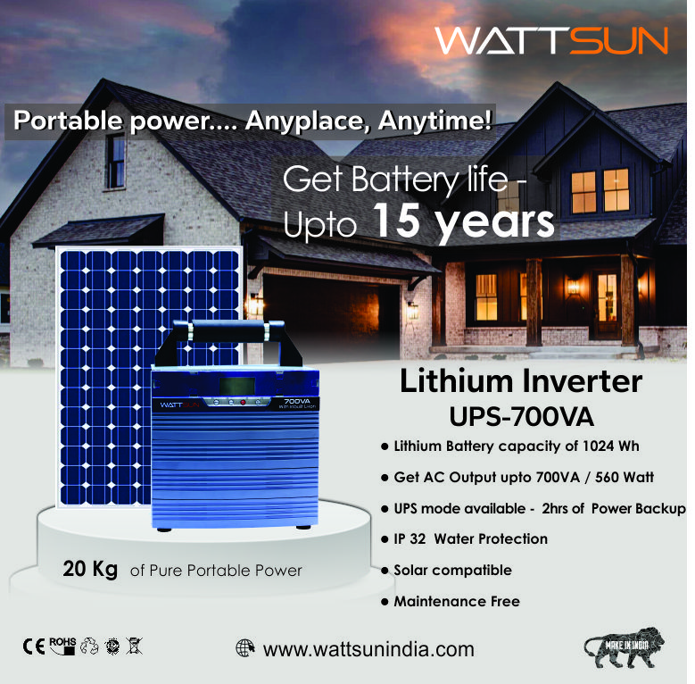 Wattsun Inverter 700VA with Upto 15 Year Life | Integrated 1024Wh Lithium-Ion Battery | Pure Sine Wave Inverter | IP32 Water Protection | LCD Display | Compact & Portable Design | 5 Years Warranty