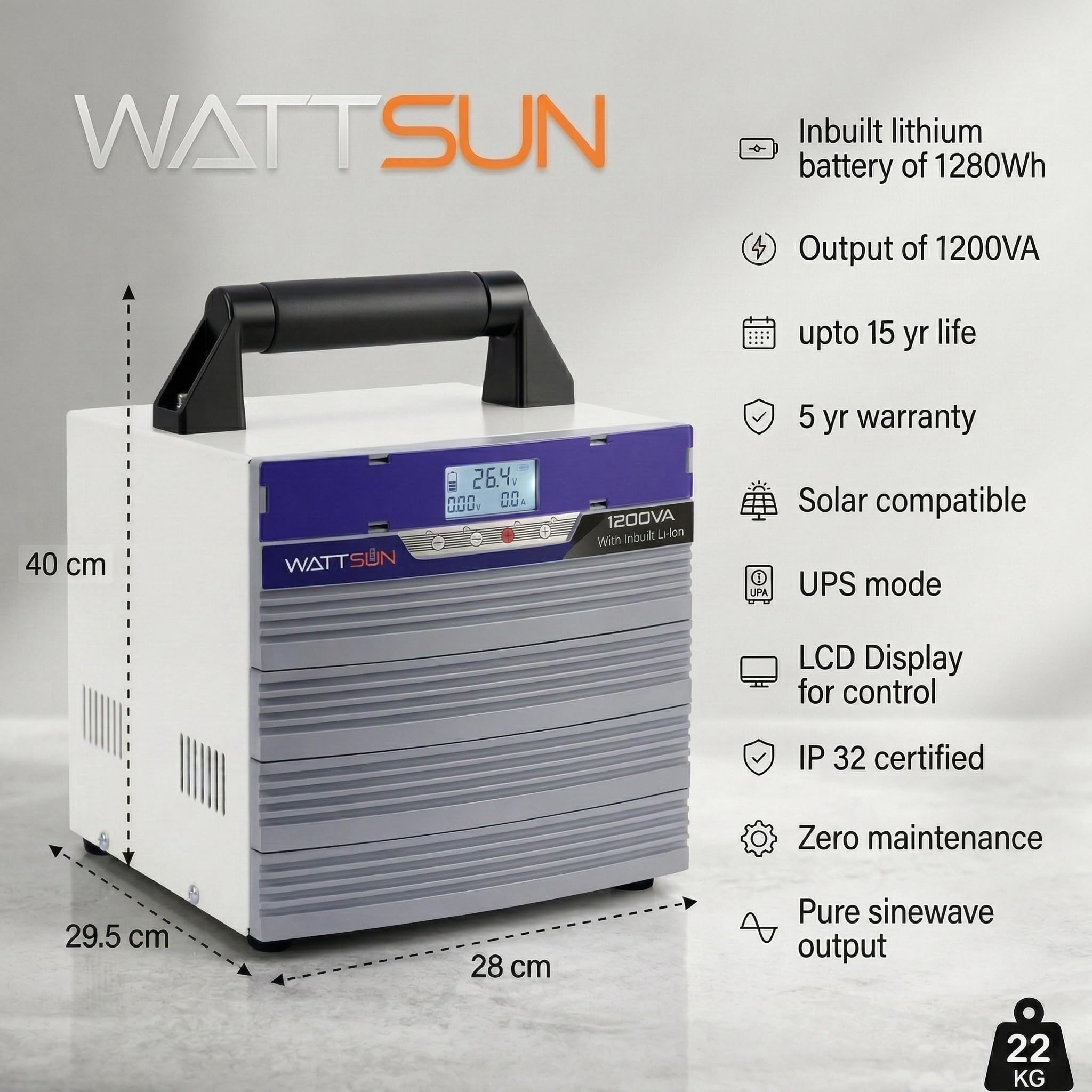 Wattsun Inverter 1200VA with Upto 15 Year Life | Integrated 1280Wh Lithium-Ion Battery | Pure Sine Wave Inverter | IP32 Water Protection | LCD Display | Compact & Portable Design | 5 Years Warranty