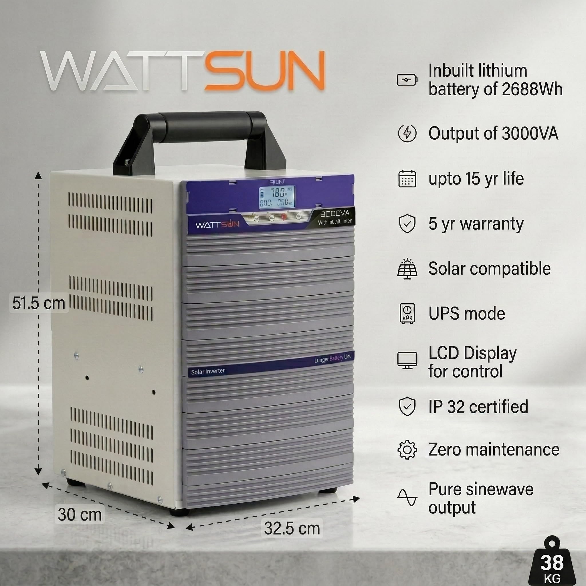 Wattsun Inverter 3KVA with Upto 15 Year Life | Integrated 2688Wh Lithium-Ion Battery | Pure Sine Wave Inverter | IP32 Water Protection | LCD Display | Compact & Portable Design | 5 Years Warranty