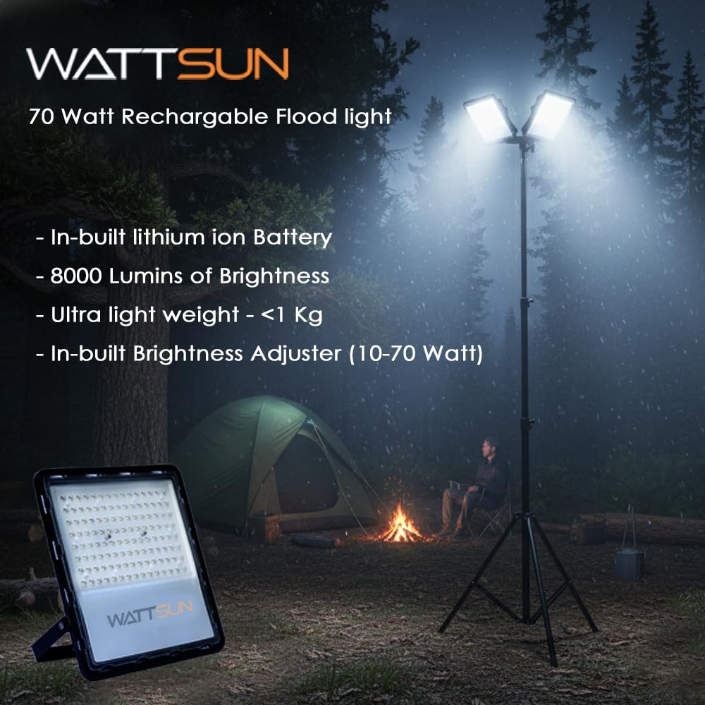 70 Watt Rechargeable Solar LED Flood Light with 5000 mah Battery - Lithium, HP-F70Li Plus 1 Pcs Charger Adapter
