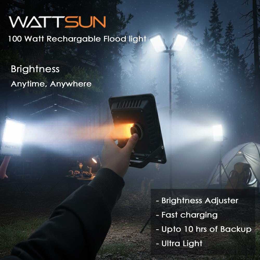 100 Watt Rechargeable Solar LED Flood Light with 2500 mah Battery - Lithium, HP-F100Li - ECO Plus 1 Pcs Charger Adapter